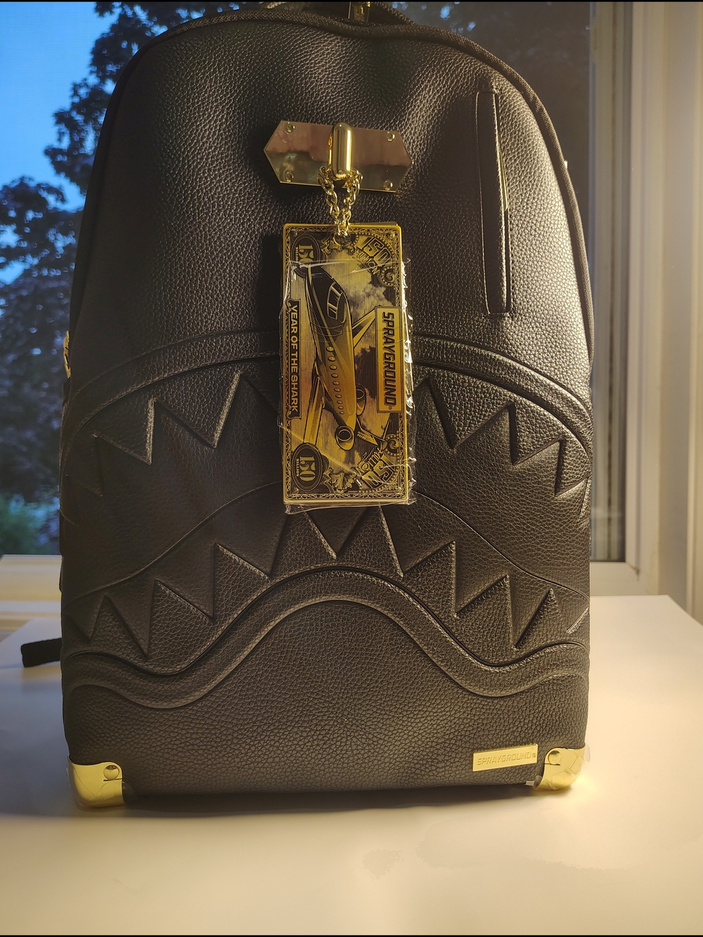 Sprayground Black Shark-Embossed Faux Leather Backpack with Gold Accents